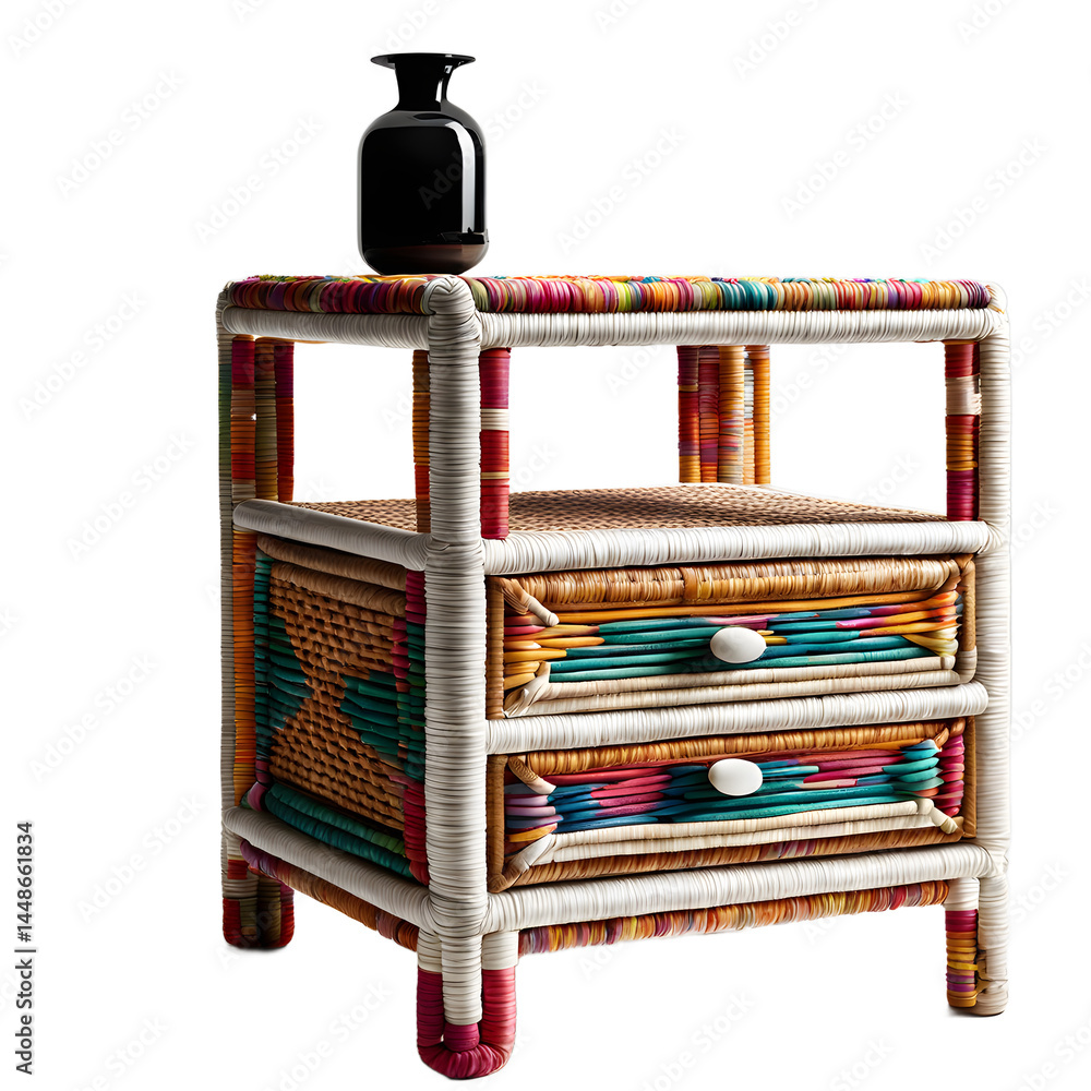 Poster Bohemian woven rattan nightstand with colorful detailing, isolated on a empty plain background