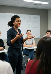 Black woman leading adult group in modern classroom