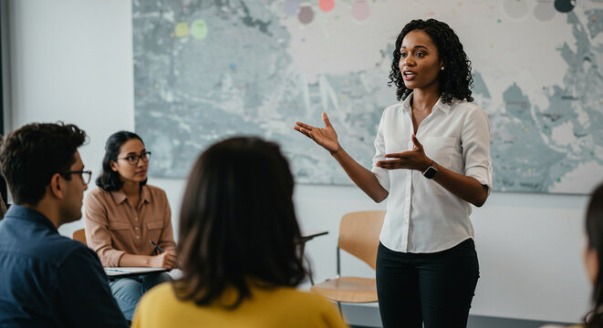 Black woman leading adult group in modern classroom