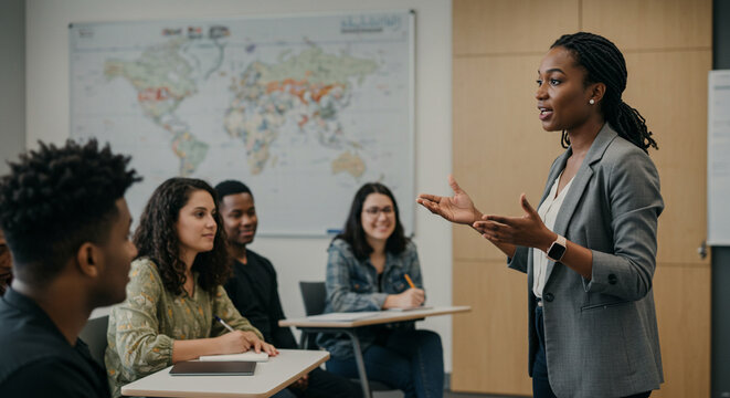 Black woman leading adult group in modern classroom