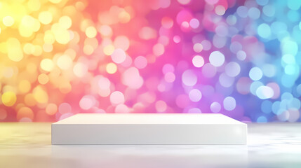 A clean white canvas platform rests before a vibrant, colorful bokeh backdrop. [Dream Architectures] | Glow Catwalks | bright platforms. Illustration