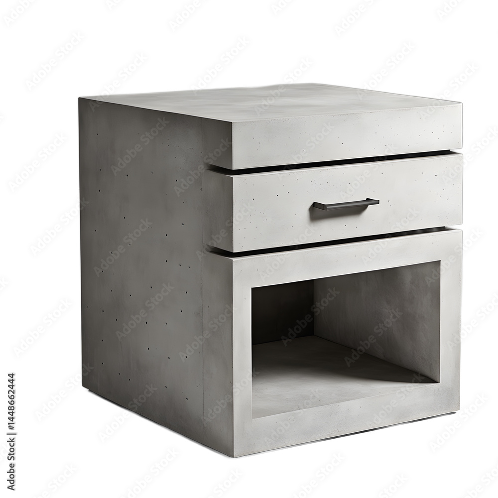 Poster Minimalist concrete block nightstand with hollow storage, isolated on a empty plain background