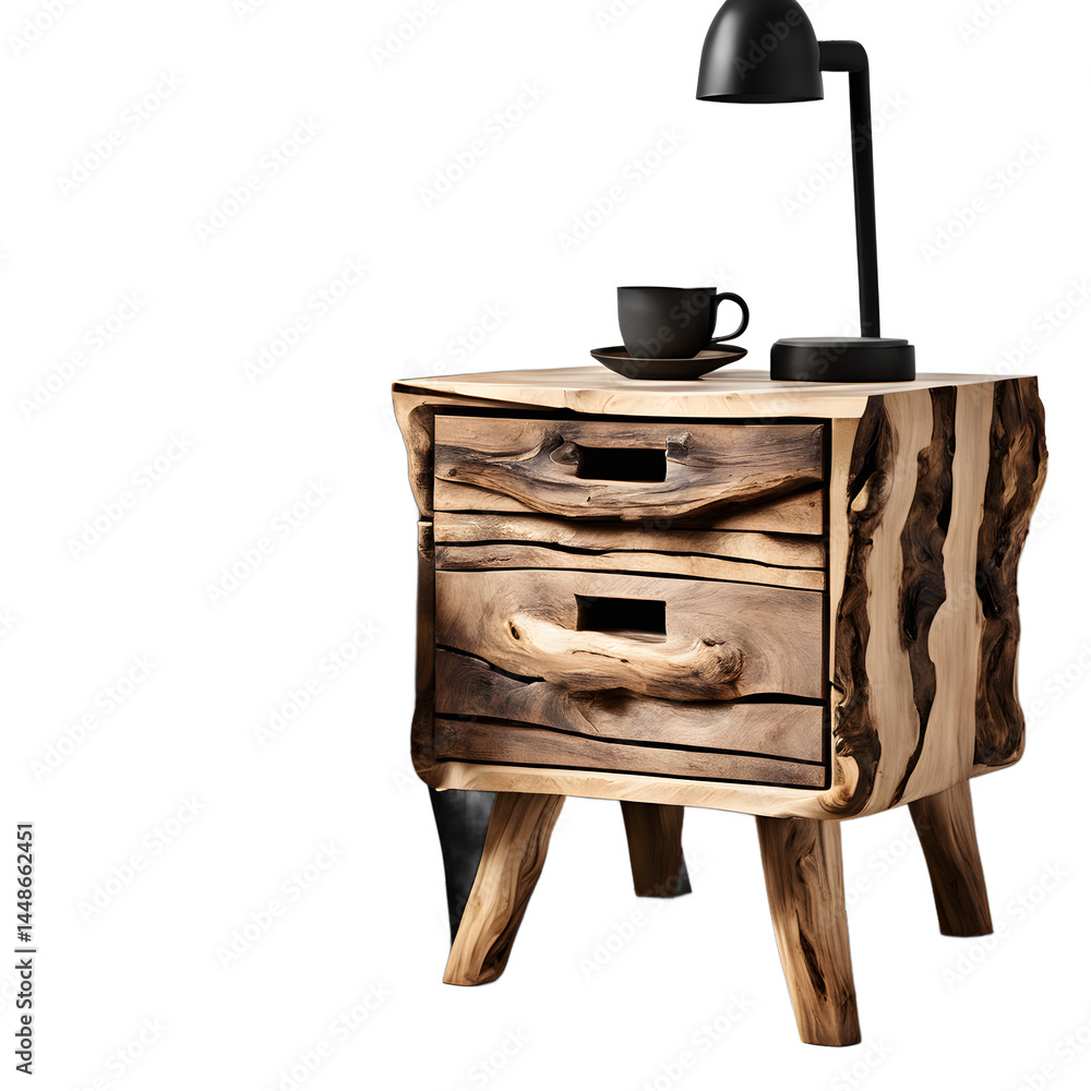 Poster modern rustic live edge nightstand with exposed knots, isolated on a empty plain background
