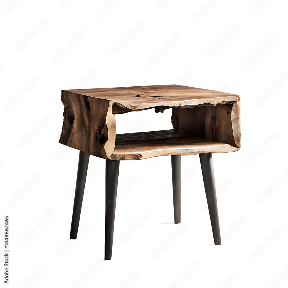 Poster modern rustic live edge nightstand with exposed knots, isolated on a empty plain background