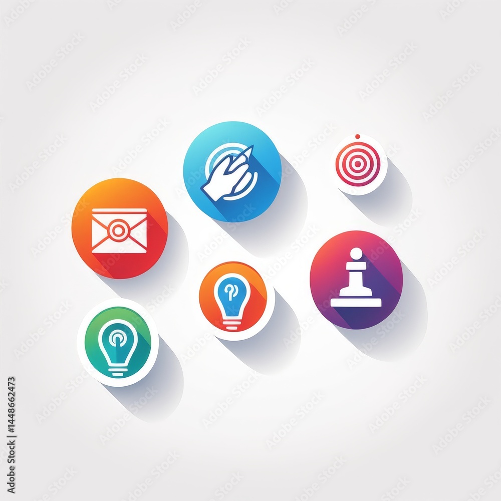 Poster set of four colorful icons with shadow light bulb, idea, circle elements.