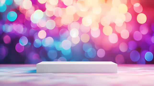 A clean white canvas platform rests before a vibrant, colorful bokeh backdrop. [Dream Architectures] | Glow Catwalks | bright platforms. Illustration