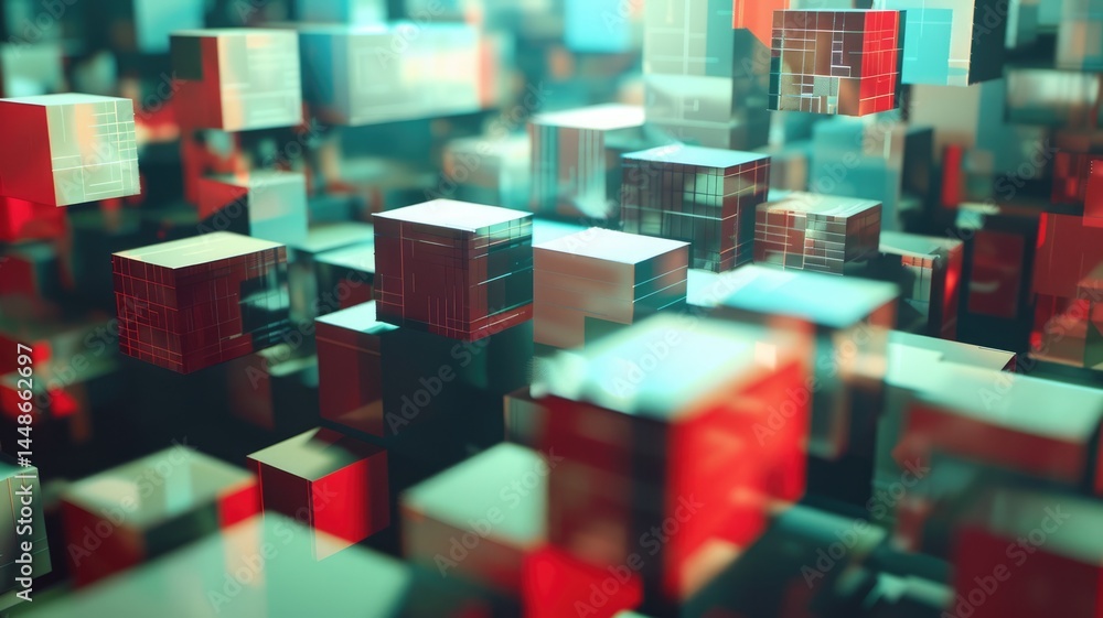 Poster abstract digital cubes with pink and blue glowing effects. digital artwork of 3d rendering geometric