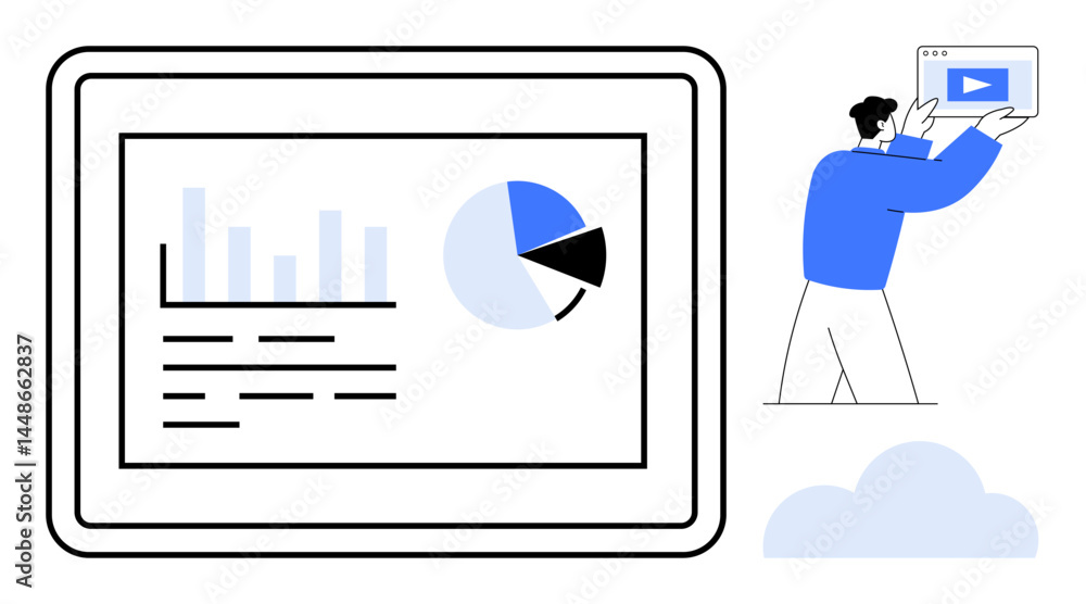 Poster statistical data screen featuring bar graph and pie chart, man holding laptop with play sign, cloud.
