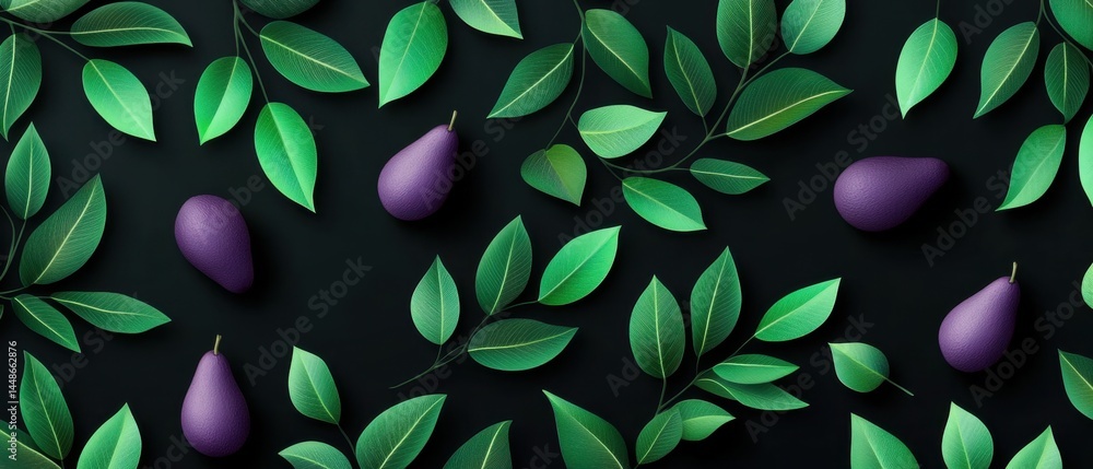 Poster elegant arrangement of purple pears and lush green leaves on a dark background creating a visually s