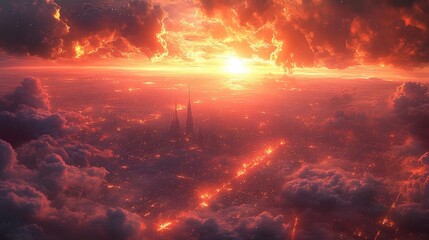 Naklejka premium Fiery sunset over a city shrouded in clouds.