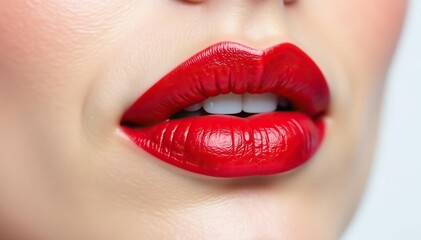 Fototapeta premium Close-up of vibrant red lipstick, stark white backdrop, lip balm, professional photography, cosmetics product