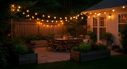 Obraz premium Cozy Backyard With String Lights And Patio Furniture At Dusk