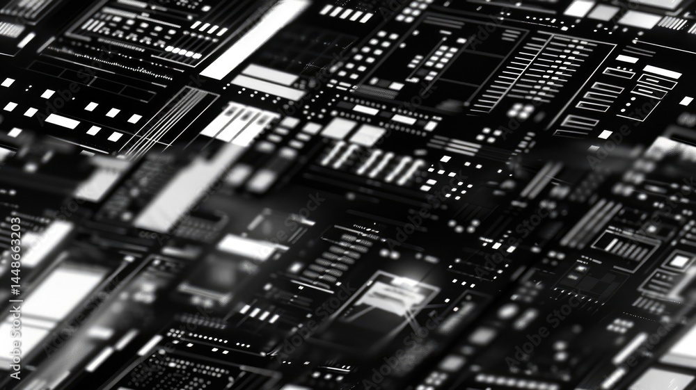Poster The abstract picture of glitch circuit in square shape sketched by black color use shading to express software effect and algorithm graphic of digital chip through modern and electronic style. AIG53.