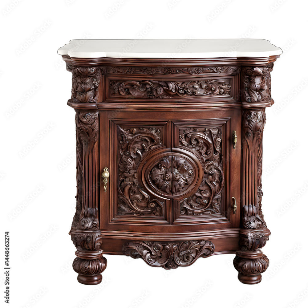 Poster old world heavy carved mahogany nightstand with intricate scrolls, isolated on a empty plain backgro