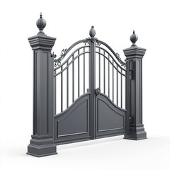 Elegant Double Metal Gate with Ornate Design and Pillars, Architectural Entrance, Gray Metalwork, Luxury Estate Gate