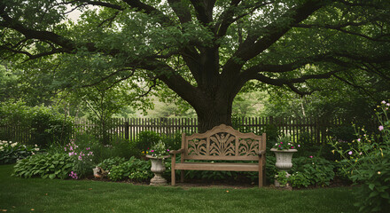 Obraz premium Serene Garden Retreat Featuring a Carved Wooden Bench Under a Majestic Tree