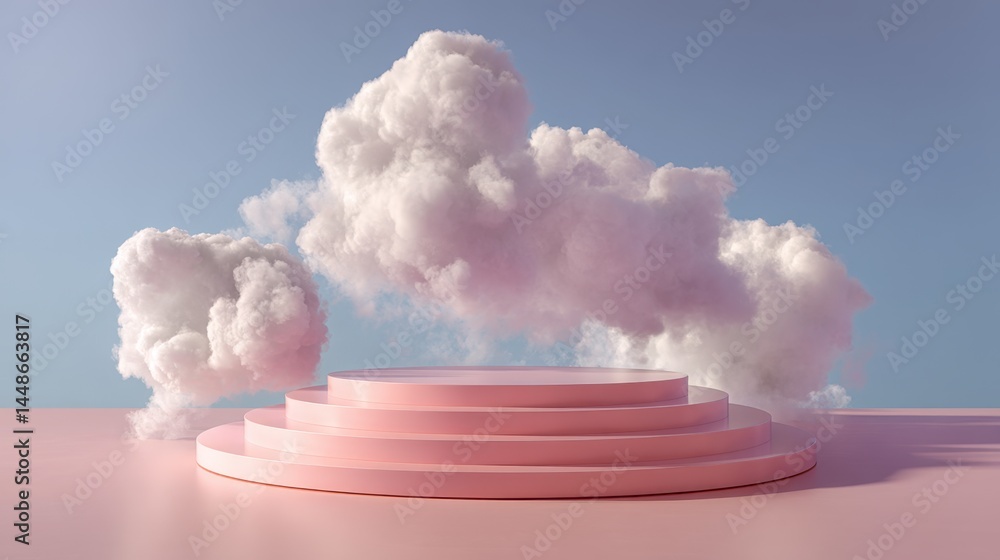 Aufkleber dreamy pink podium display with fluffy white clouds against a soft blue sky creating a serene and wh
