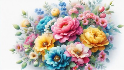 Lush bouquet of colorful watercolor flowers including peonies and roses in pink, yellow, and blue, on a white background.