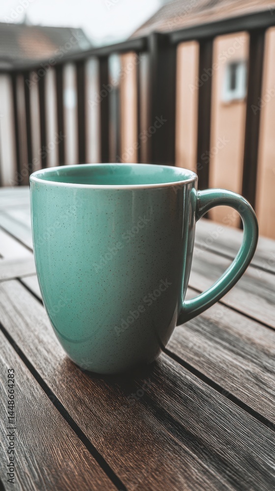Poster serene turquoise mug resting on rustic wooden table evoking tranquility and warmth in outdoor settin