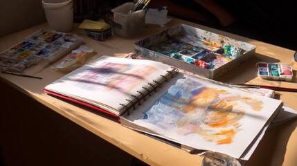 Sunlit art studio with open sketchbook and watercolor paints on wooden table