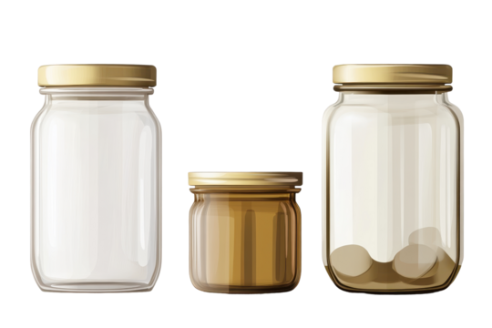 Isolated Group of Empty Glass Jars with Gold Lids