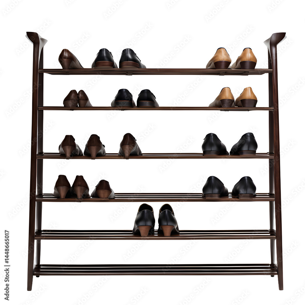 Poster Transitional espresso wood shoe rack with sleek lines and subtle detailing, isolated on a empty plain background