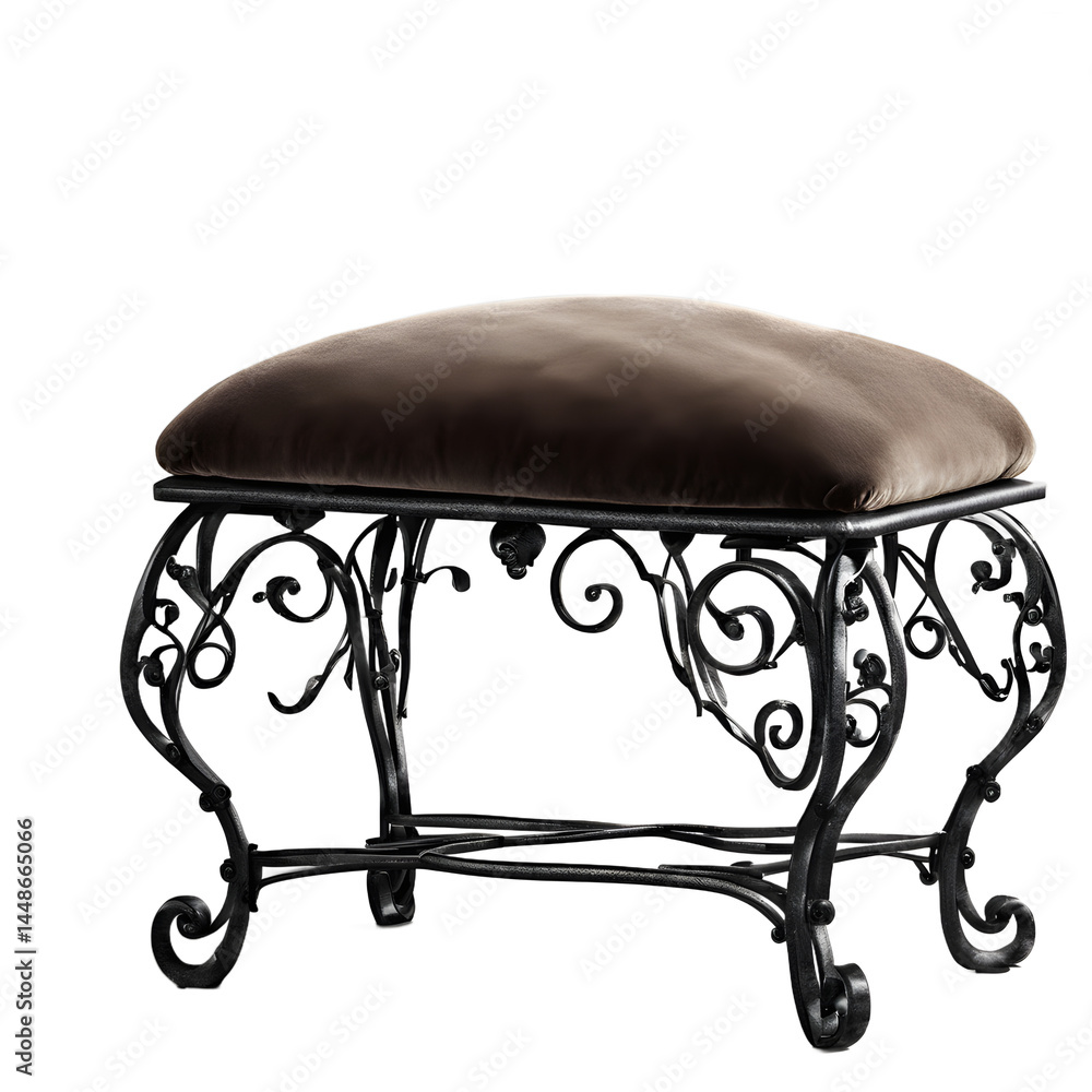 Aufkleber victorian wrought iron ottoman with plush velvet cushion, isolated on a empty plain background