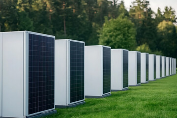Obraz premium Array of identical panels on green lawn. Clean energy solutions for a sustainable future. Modern eco-friendly technology.