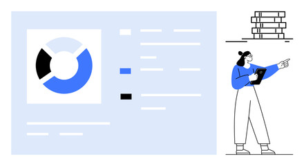 Female analyst holding a tablet, pointing at reports with bold pie chart and text details, signifying collaboration, data analysis, and research. Ideal for analytics, teamwork, reporting, education