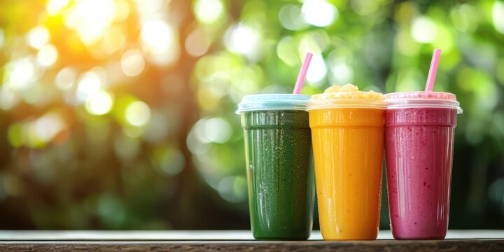 a couple of colorful drinks in plastic cups sitting on a table outside 
