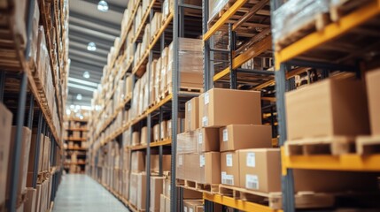 Obraz premium Organized warehouse storage with boxes on pallets and shelves