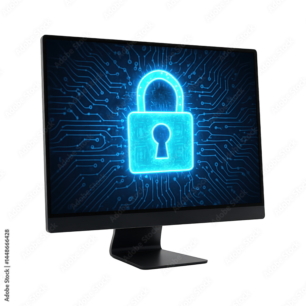 Poster digital security visualization a prominent glowing blue lock icon displayed on a computer monitor sc