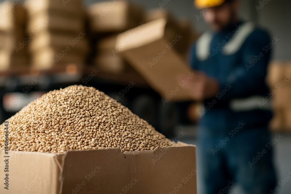Poster grain storage check: warehouse worker inspecting seeds in a box, quality control and distribution pr