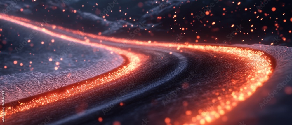 Poster abstract illuminated path in a dark landscape with glowing particles creating a surreal and captivat