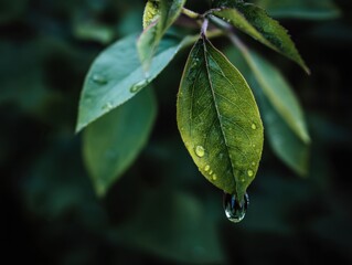 Dewy leaf glistening after rain capturing nature's beauty in a close up shot with dark green background and a macro lens focusing on details