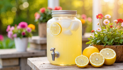 Refreshing lemonade dispenser in decorative garden at sunset, summer joy