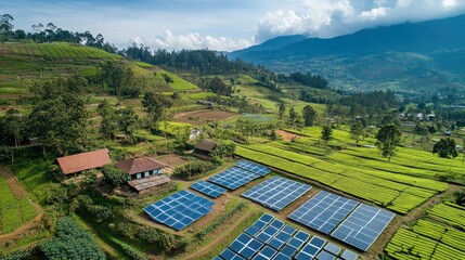 Eco-friendly tea production concept featuring solar-powered drying facilities in rural plantations.