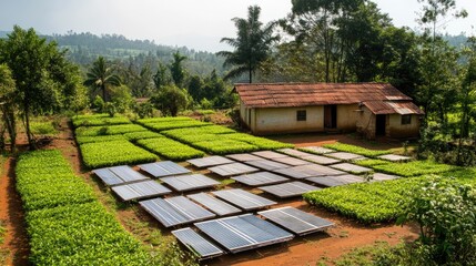 Eco-friendly tea production concept featuring solar-powered drying facilities in rural plantations.