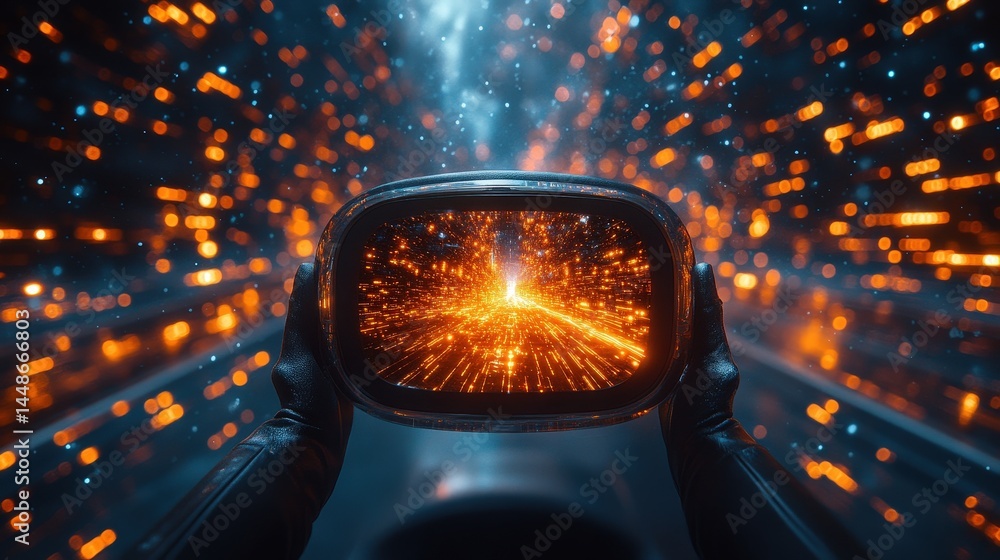 Poster abstract futuristic tunnel viewed through a device.