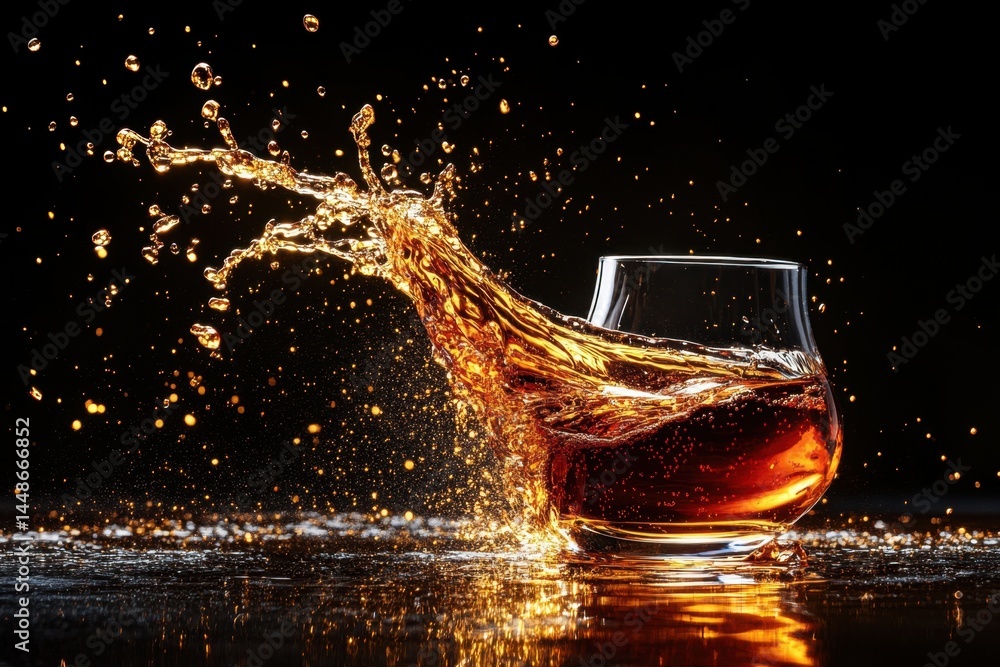 Poster captivating splash of amber liquid in a glass against dark background creating dynamic movement and 