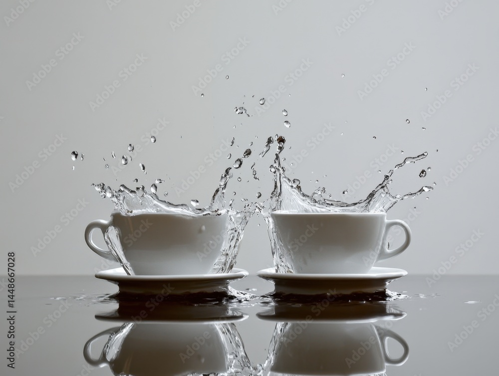 Poster two elegant white cups on saucers filled with splashing liquid creating a dynamic and refreshing sce