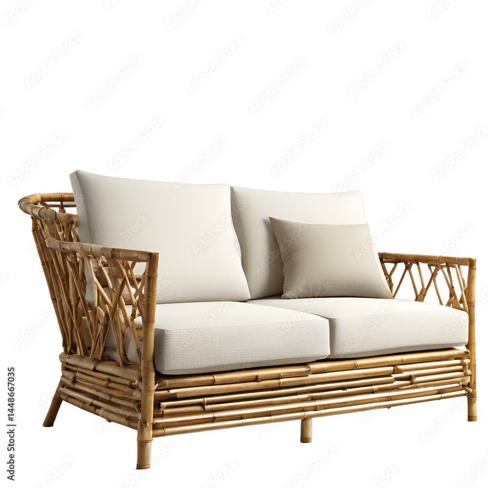Aufkleber contemporary eco-friendly bamboo frame and hemp fabric sofa, isolated on a empty plain background
