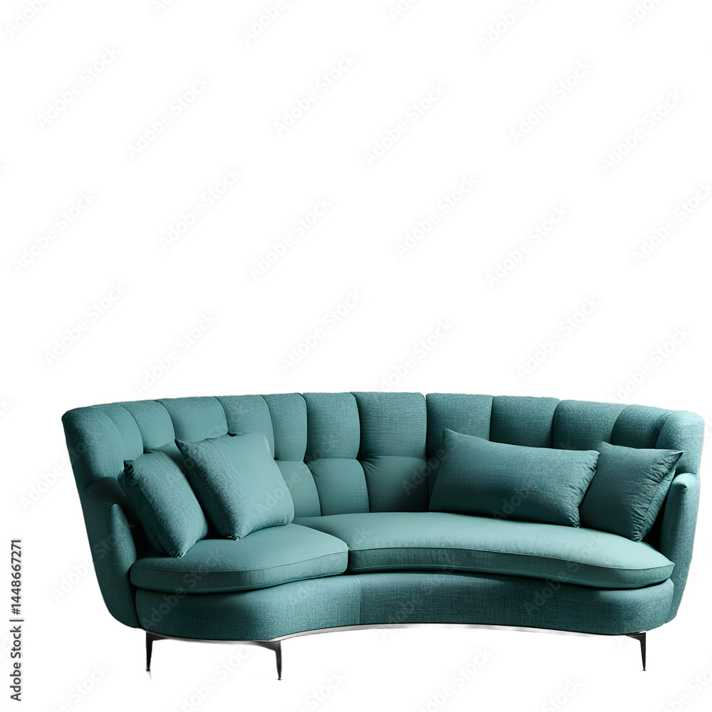 Poster Eclectic modern teal boucle fabric curved sofa, isolated on a empty plain background