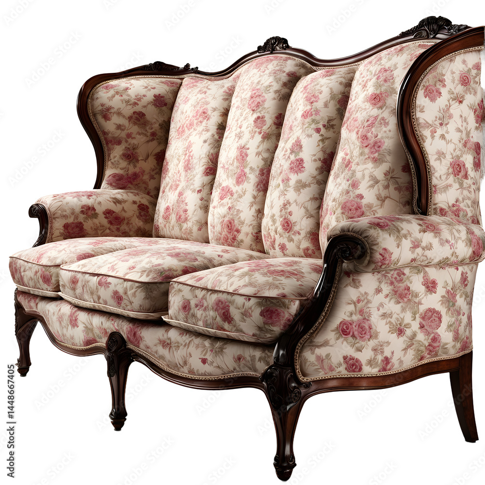 Poster edwardian era rose-patterned high-back sofa, isolated on a empty plain background