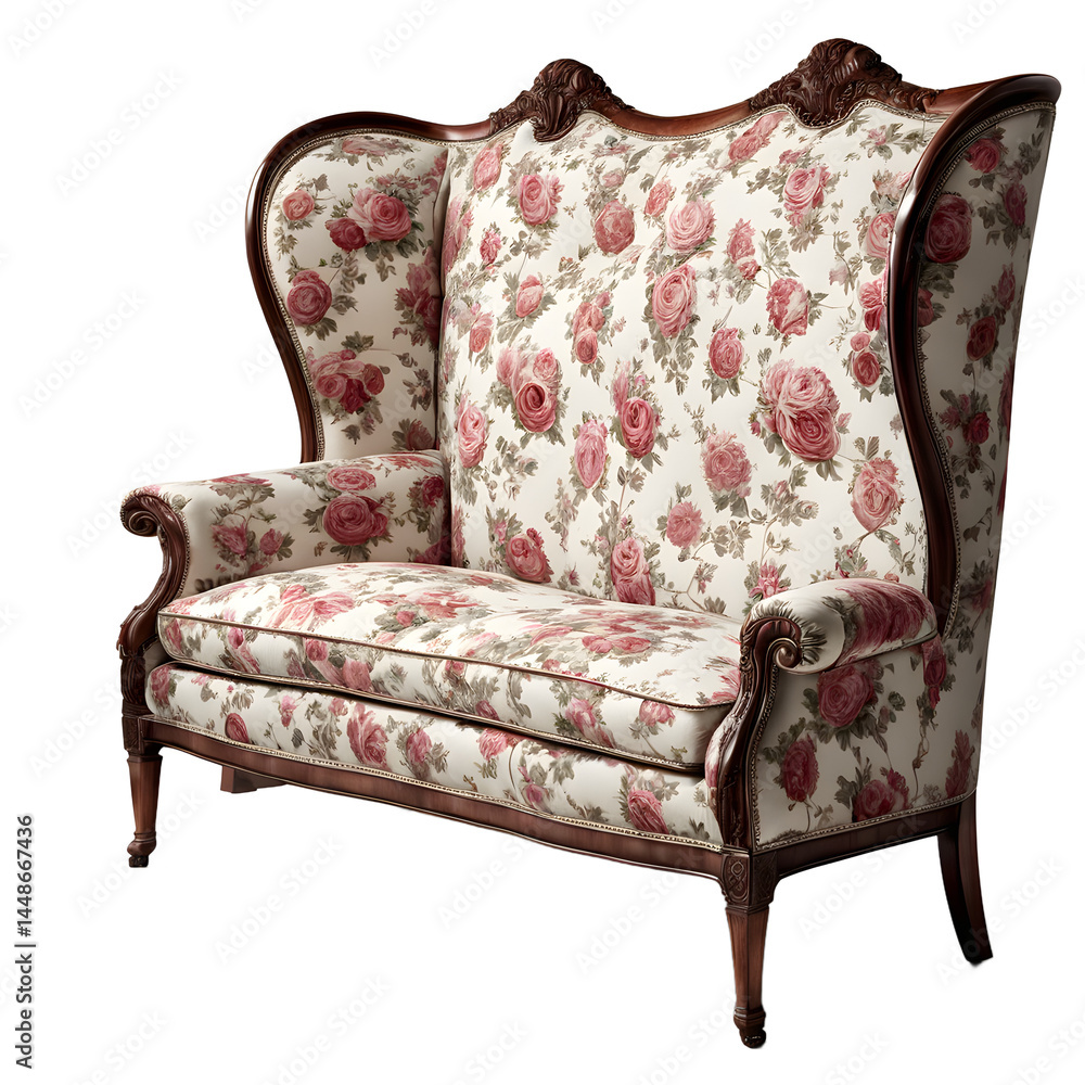 Poster edwardian era rose-patterned high-back sofa, isolated on a empty plain background