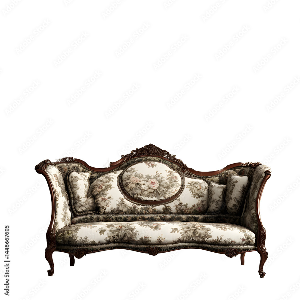 Poster high victorian tapestry upholstered parlor sofa, isolated on a empty plain background