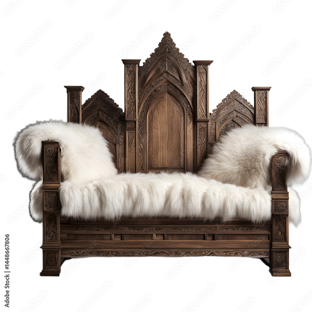 Aufkleber medieval castle-style heavy oak and fur sofa, isolated on a empty plain background