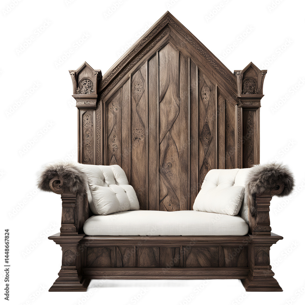 Aufkleber medieval castle-style heavy oak and fur sofa, isolated on a empty plain background