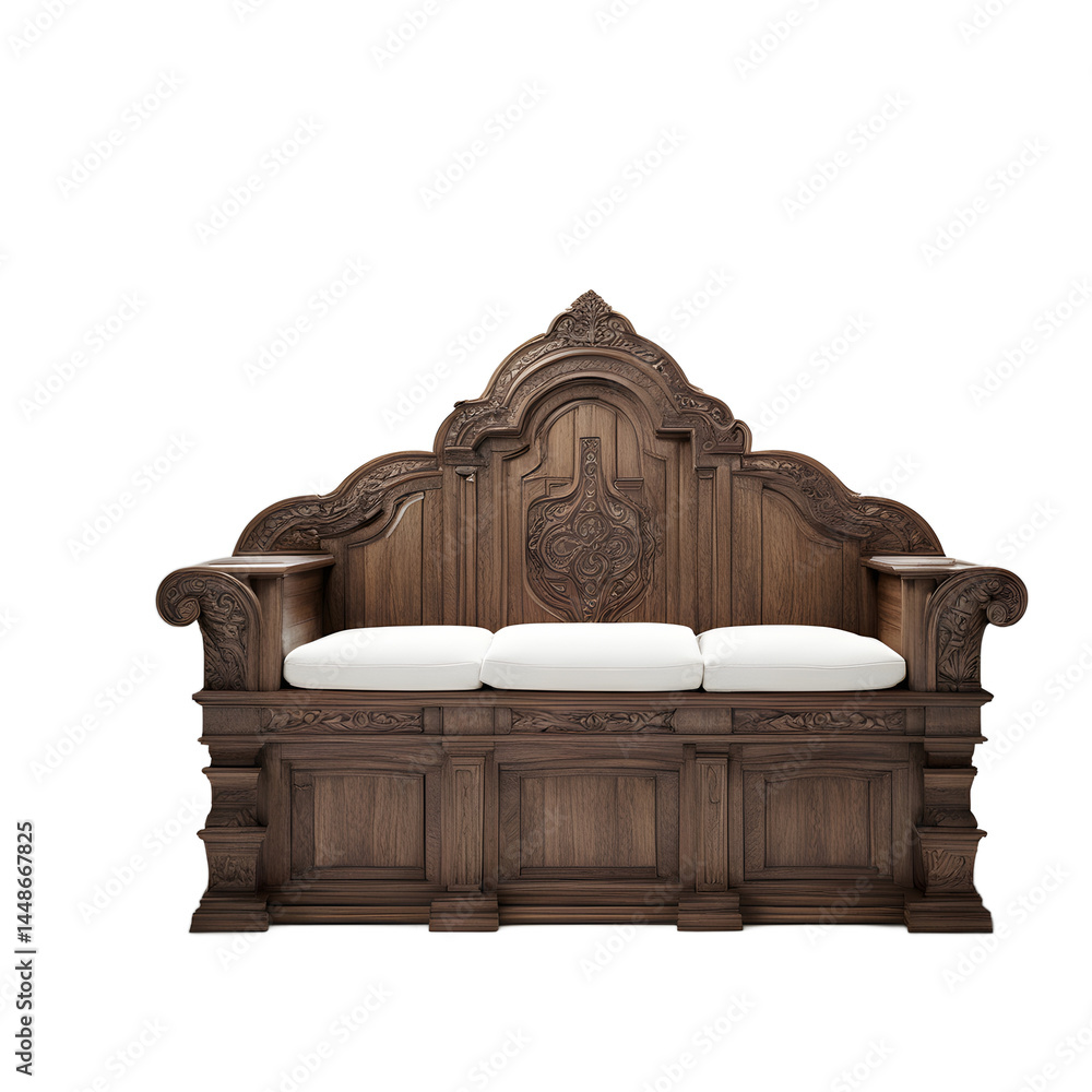Aufkleber medieval castle-style heavy oak and fur sofa, isolated on a empty plain background