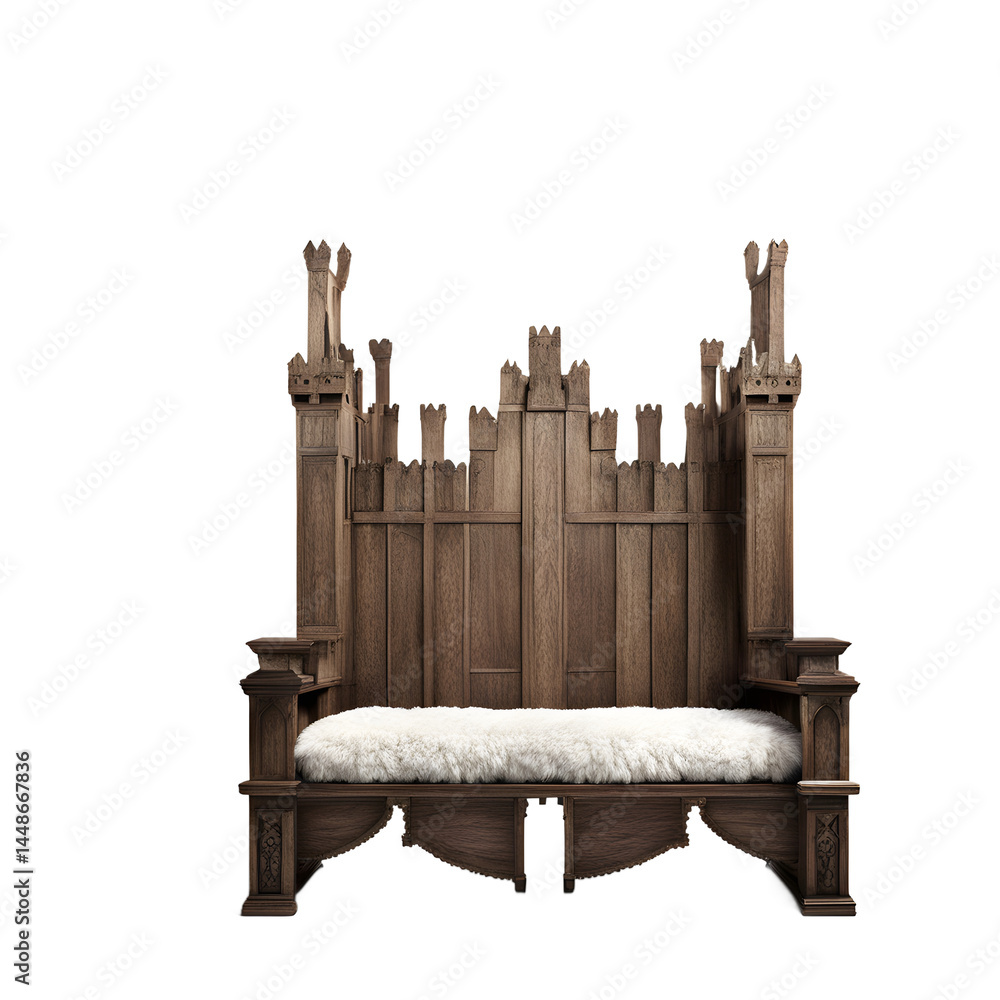 Aufkleber medieval castle-style heavy oak and fur sofa, isolated on a empty plain background